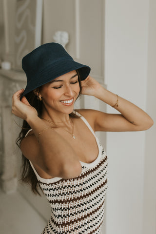 Bucket Hat 100 % lin - Marine