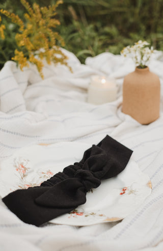 Linen Headband with Bow – Black