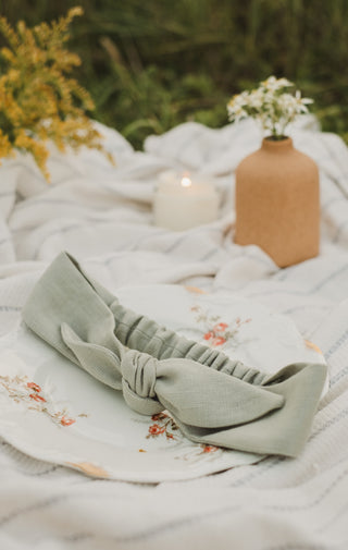 Linen Headband with Bow – Sage