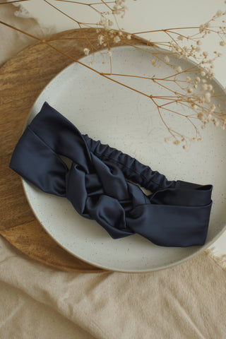 Bandeau tressé en satin bleu nuit